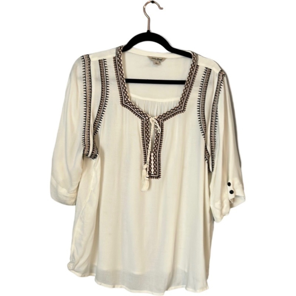 Lucky Brand Oversized Tunic Top Embroidered Accents Beige Women's Large